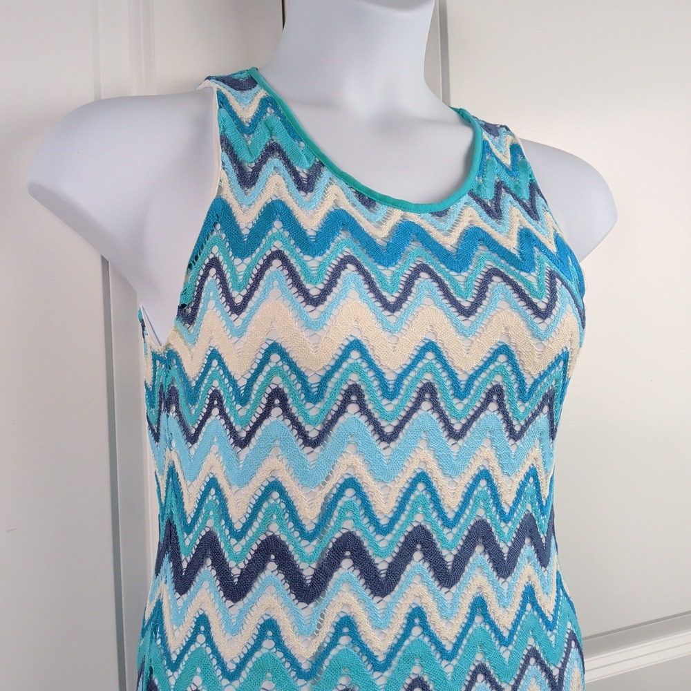 Abi Ferrin Blue Chevron Crochet Lace Sleeveless Shift Dress Medium Made in USA